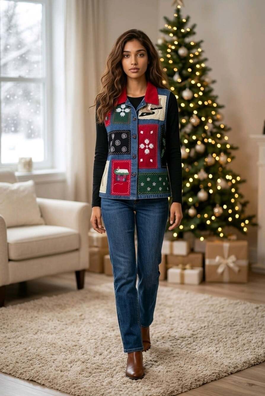 Vintage Cottagecore Denim Vest L Dress Barn Embroidered Holiday Vest Grandmacore